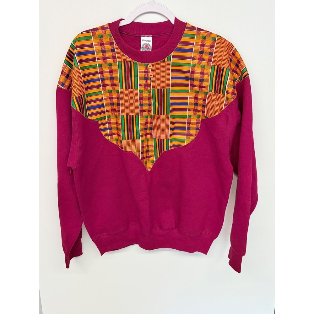 Munsingwear Vintage Sweatshirt Mens L Magenta Kente Print Henley 90s Streetwear